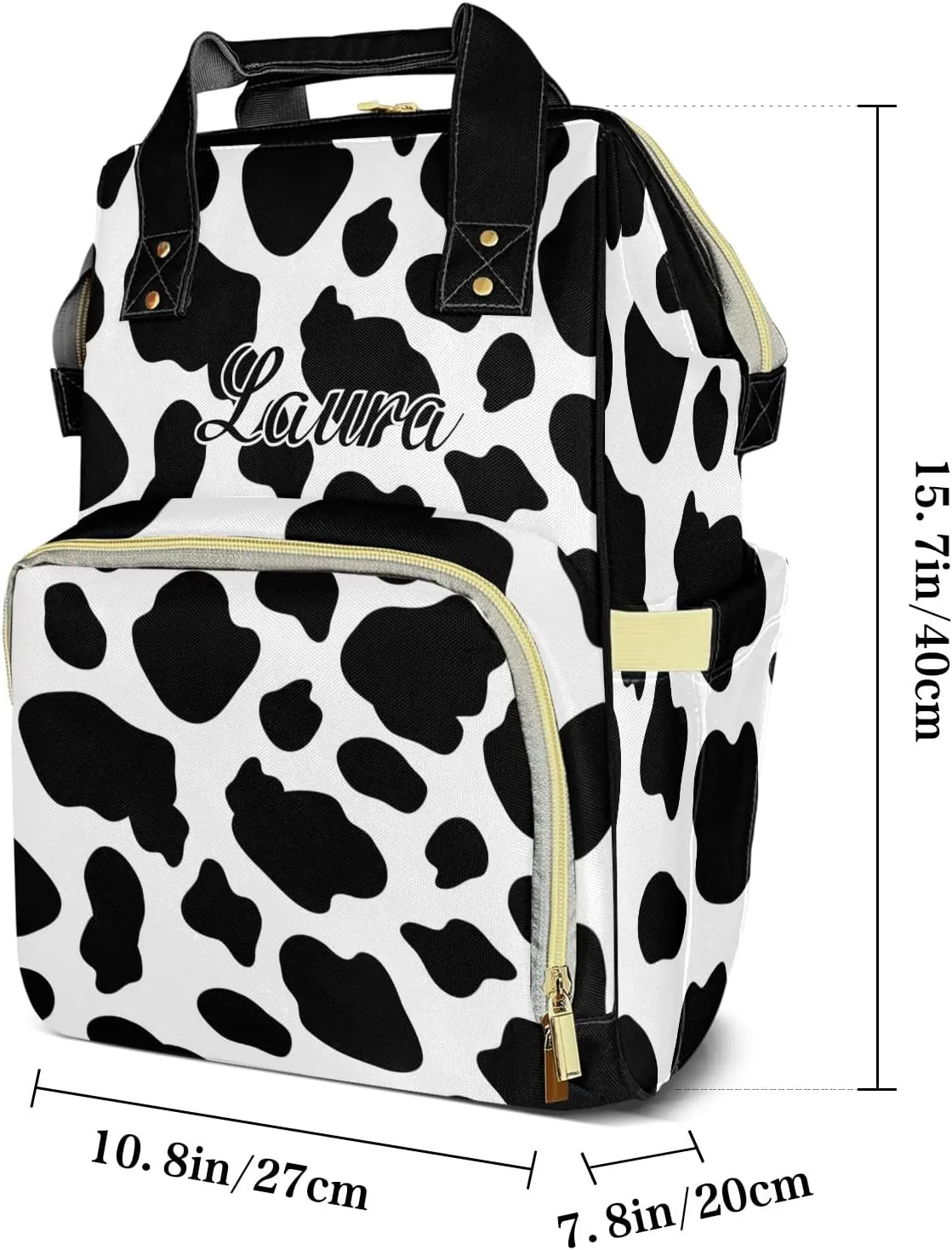 Cow Skin Black and White Diaper Bags with Name Personalized Baby Bag Travel Tote Bag Waterproof Backpack for Mom Gift