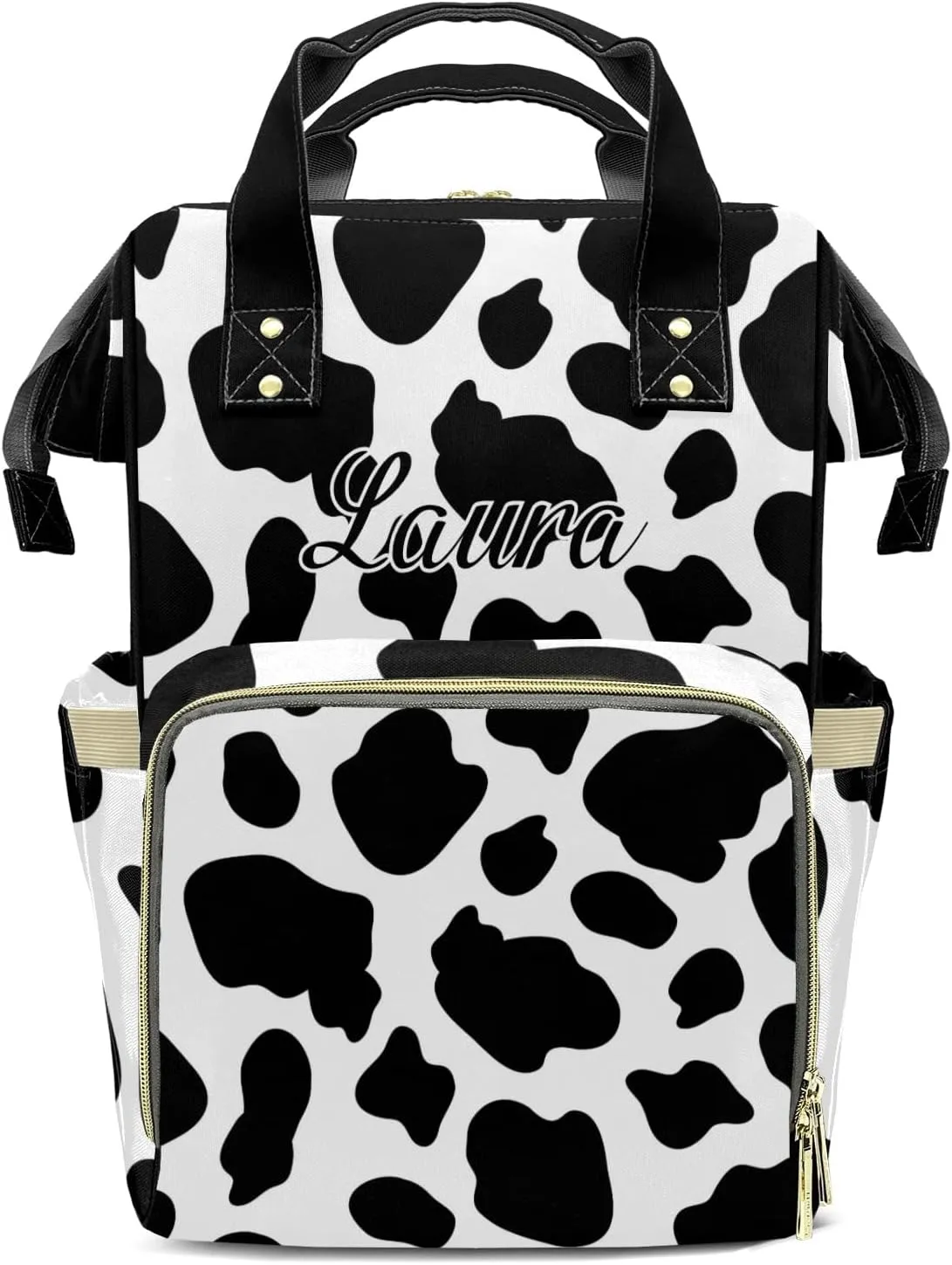 Cow Skin Black and White Diaper Bags with Name Personalized Baby Bag Travel Tote Bag Waterproof Backpack for Mom Gift