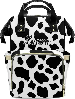 Cow Skin Black and White Diaper Bags with Name Personalized Baby Bag Travel Tote Bag Waterproof Backpack for Mom Gift