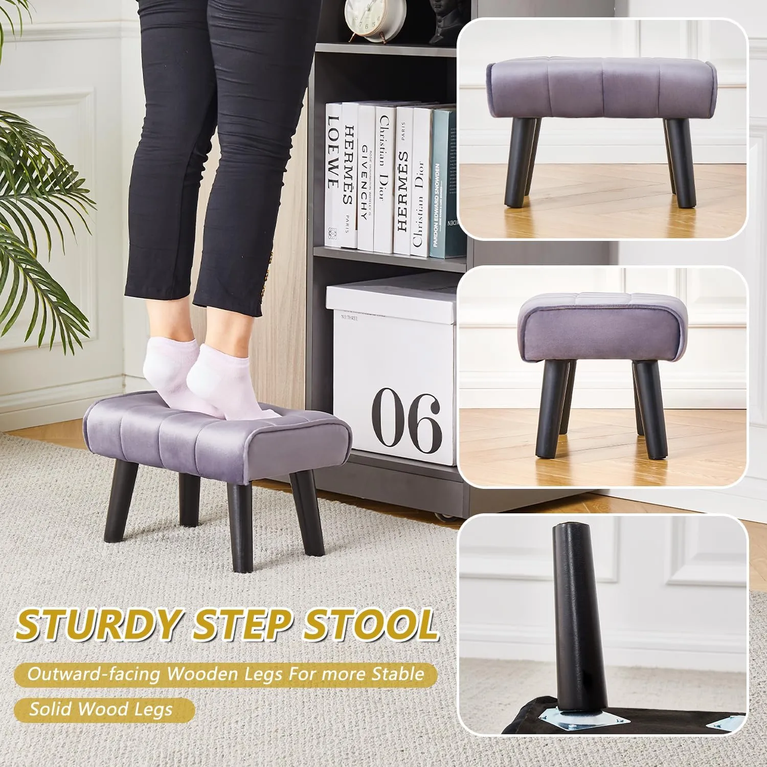 Cpintltr Velvet Wooden Step Stool for Adults Velvet Upholstered Small Ottoman Foot Rest Stools Modern Rectangle Foot Stool Pouf Ottoman Sofa Footrest for Couch Chair Living Room Easy Assembly Grey