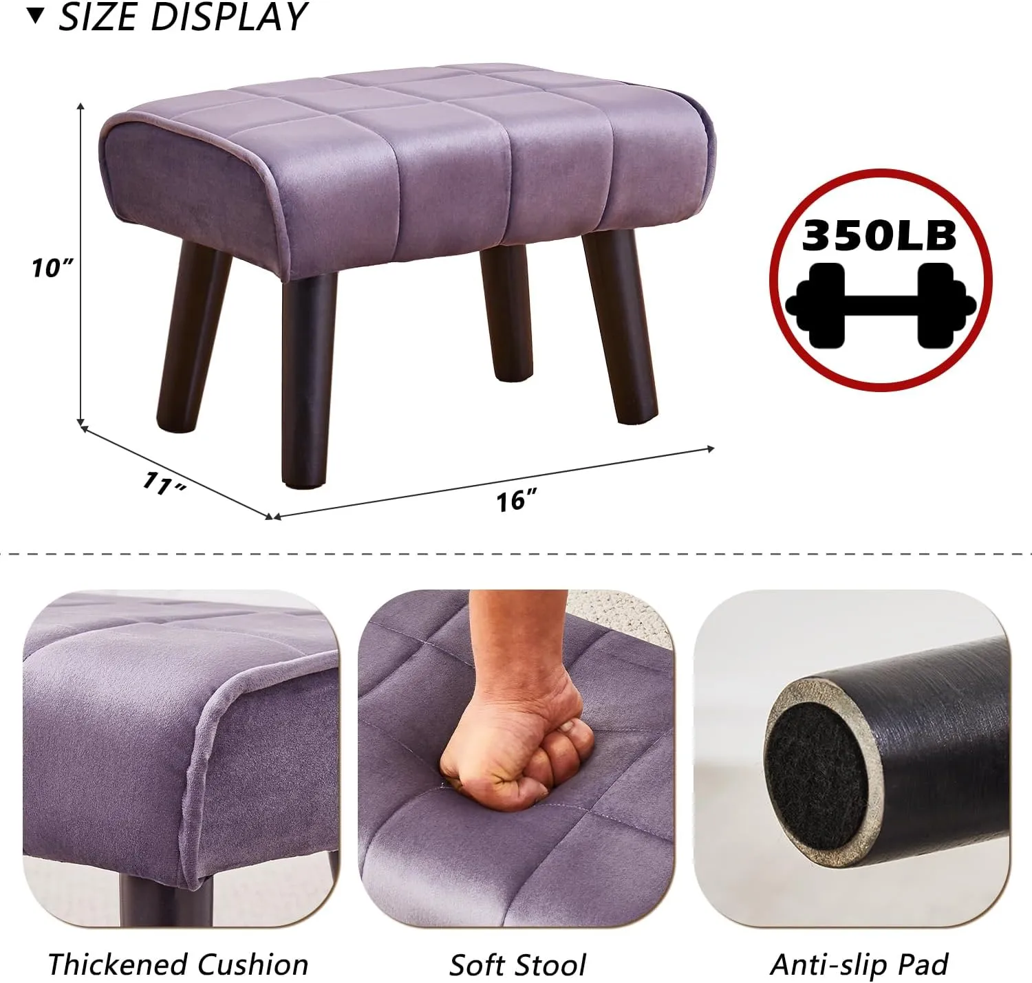 Cpintltr Velvet Wooden Step Stool for Adults Velvet Upholstered Small Ottoman Foot Rest Stools Modern Rectangle Foot Stool Pouf Ottoman Sofa Footrest for Couch Chair Living Room Easy Assembly Grey