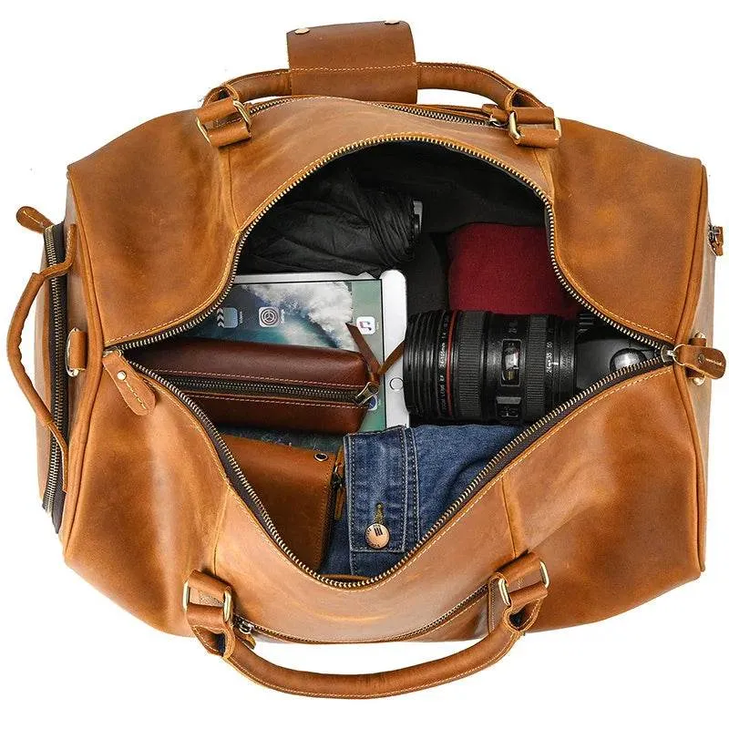 Crazy Horse Leather Fitness Travel Duffel Bag Men’s Dry and Wet Separation