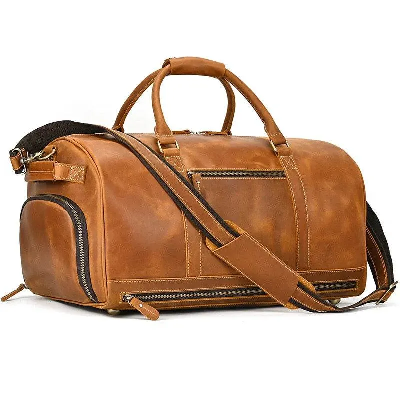 Crazy Horse Leather Fitness Travel Duffel Bag Men’s Dry and Wet Separation