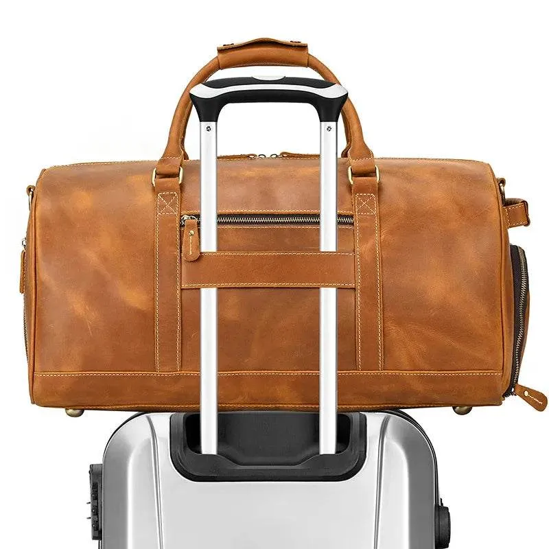 Crazy Horse Leather Fitness Travel Duffel Bag Men’s Dry and Wet Separation