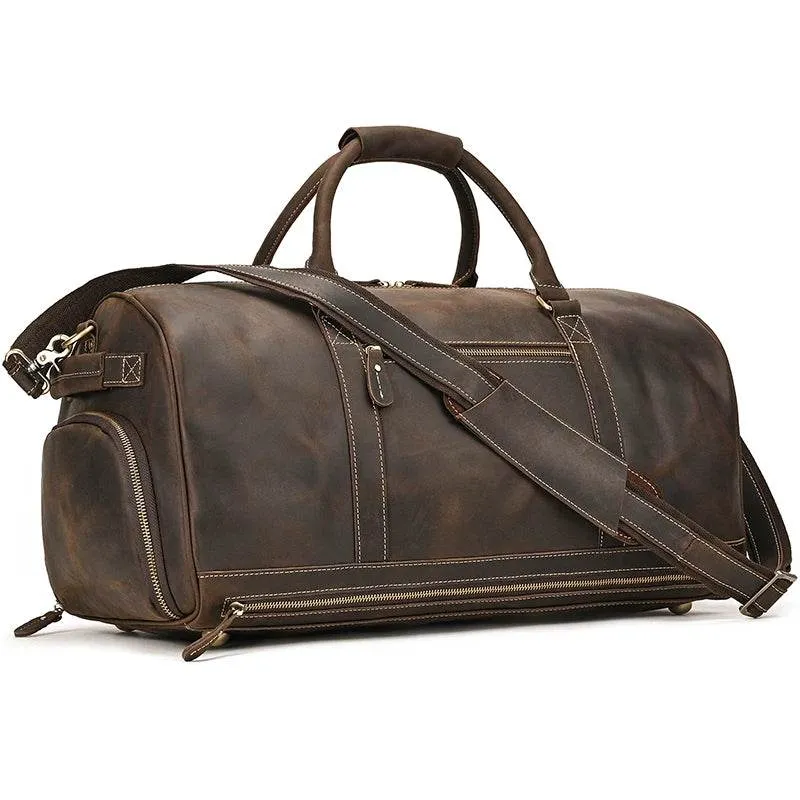 Crazy Horse Leather Fitness Travel Duffel Bag Men’s Dry and Wet Separation