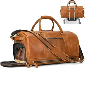 Crazy Horse Leather Fitness Travel Duffel Bag Men’s Dry and Wet Separation