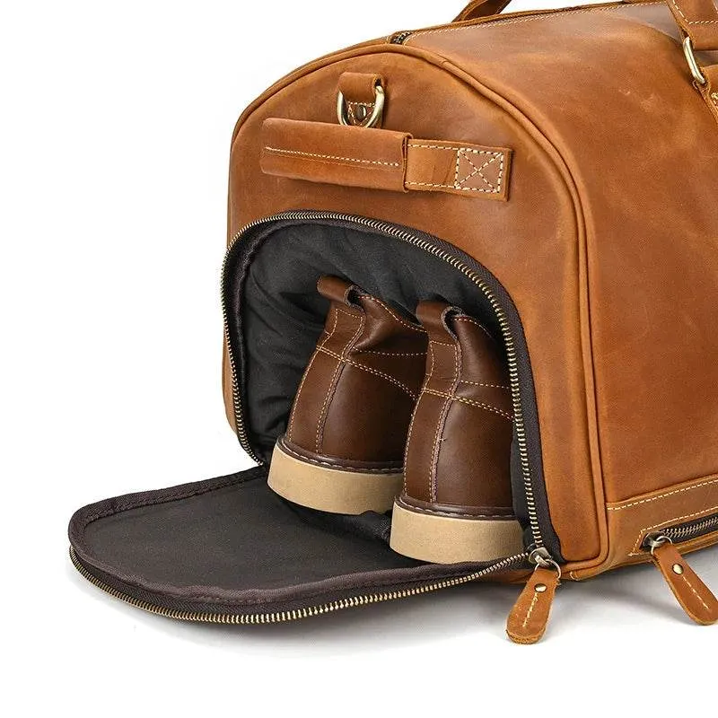 Crazy Horse Leather Fitness Travel Duffel Bag Men’s Dry and Wet Separation