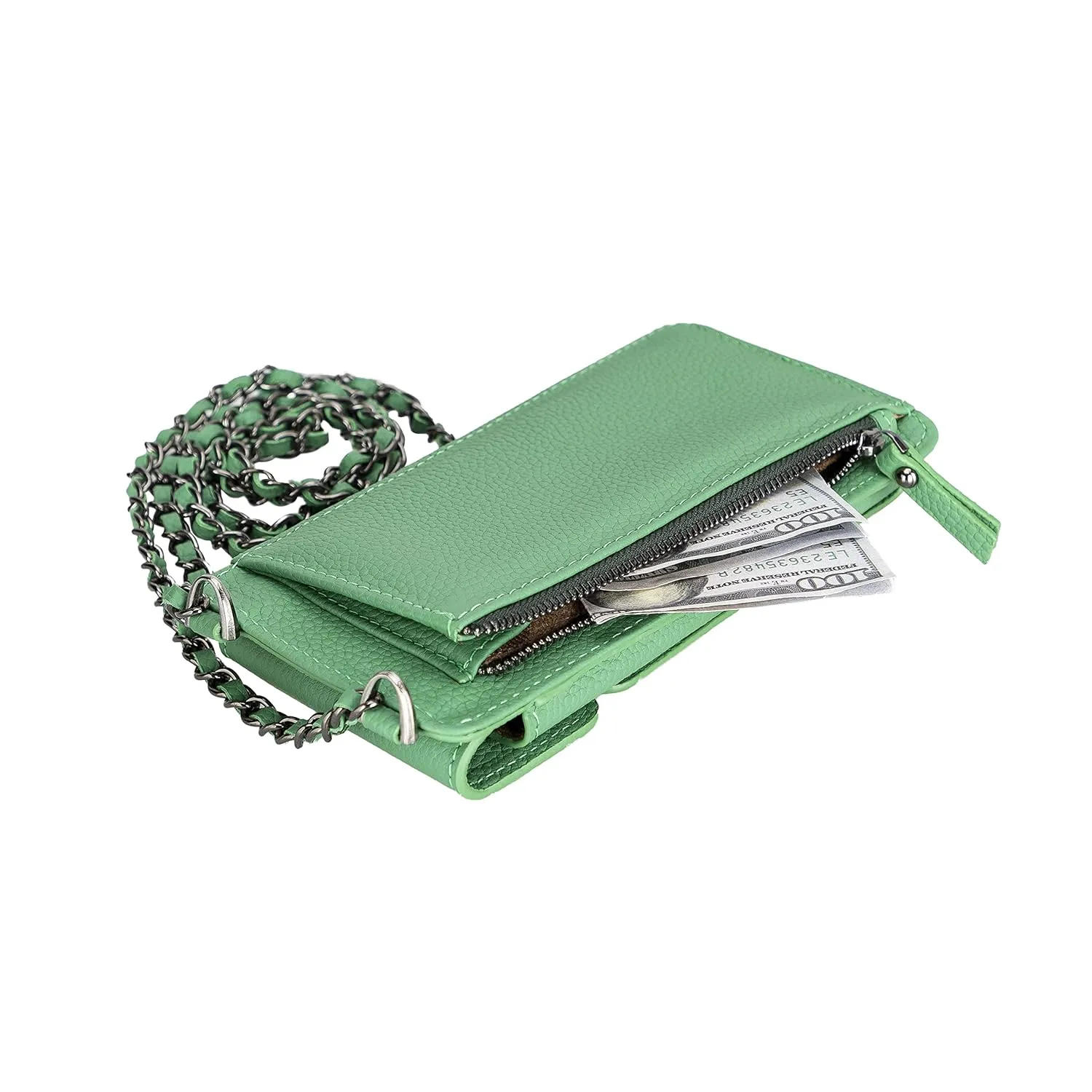 Crossbody Women Wallet fits iPhone 16 Pro MAX / 17 Pro MAX and All Mobile Devices up to 6.9" - Zippered Women Purse, Shoulder Bag with Card Holder, Pocket & Chain Strap, Trendy (Pistachio)