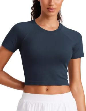 CRZ YOGA Seamless Womens Short Sleeve Crop Tops Breathable Slim Fit Gym Workout Shirts Athletic Running Basic Tee Top