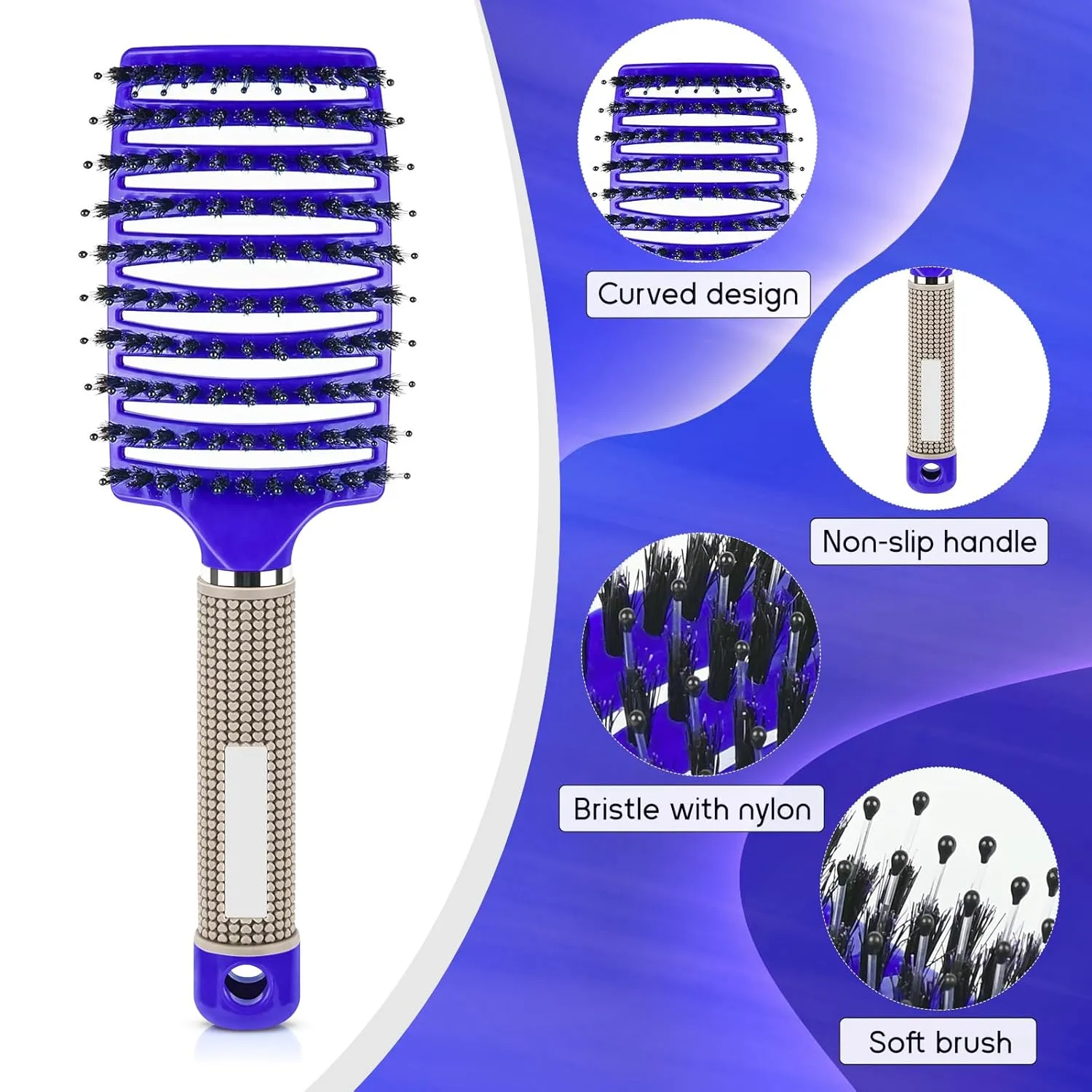 Curved Vented Brush for Blow Drying Wet & Dry Hair - Detangler for Women & Kids, 2 Pack (Purple Blue)