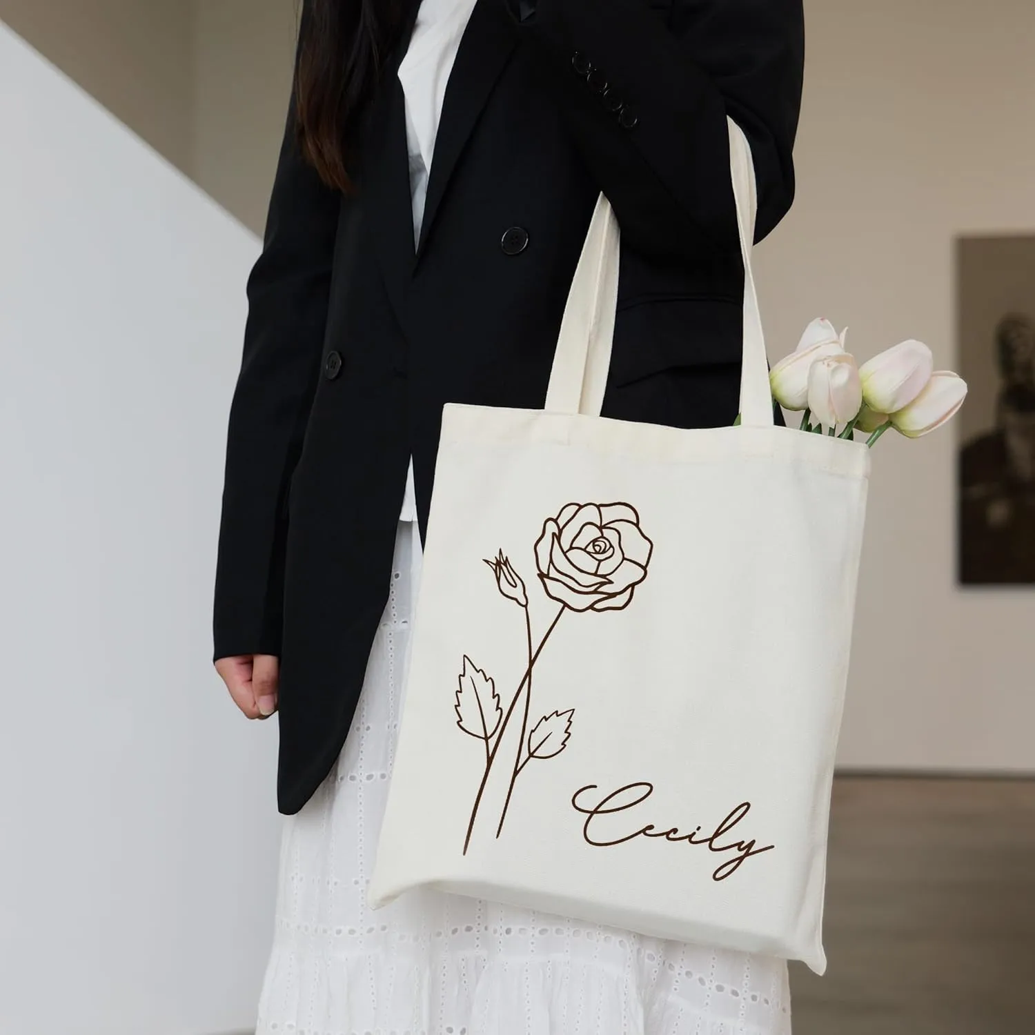 Custom Canvas Tote Bag with Initial and Name Personalized Tote Bag Gift for Women&Girls Bridesmaid Gifts