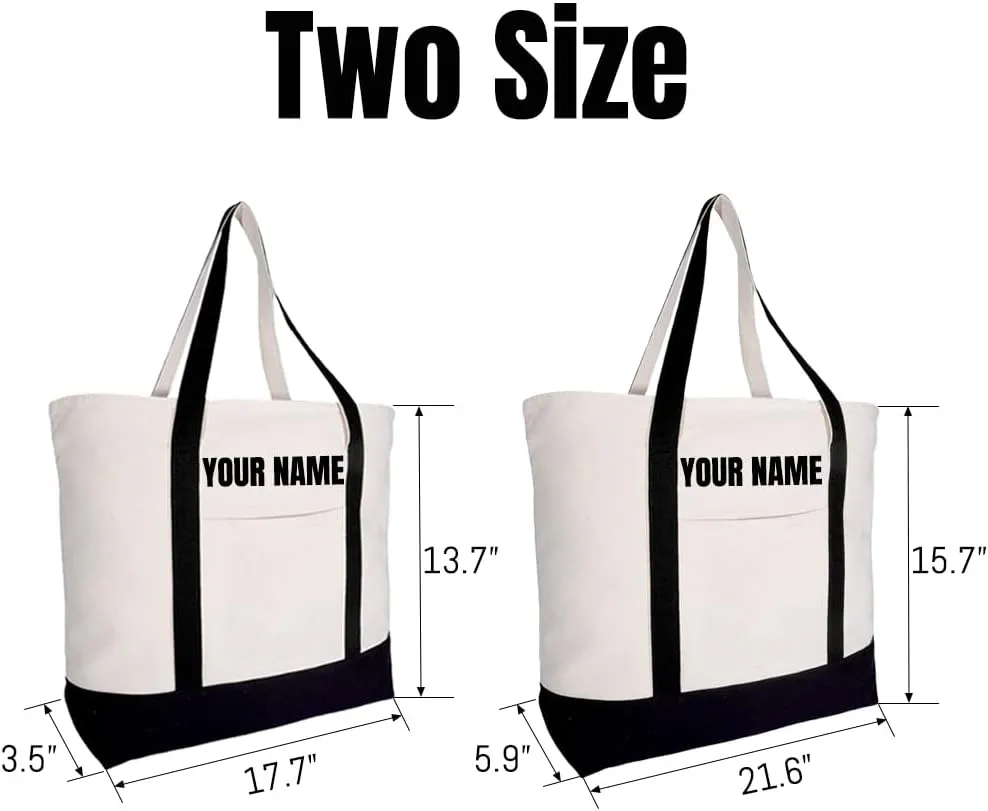 Custom Embroidery Canvas Zipper Tote Bag with Your Name,Personalized Reusable Grocery Bag with an External Pocket