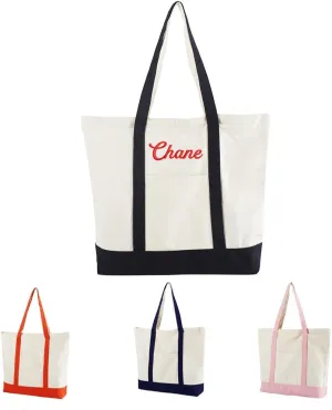 Custom Embroidery Canvas Zipper Tote Bag with Your Name,Personalized Reusable Grocery Bag with an External Pocket