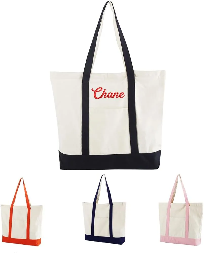 Custom Embroidery Canvas Zipper Tote Bag with Your Name,Personalized Reusable Grocery Bag with an External Pocket