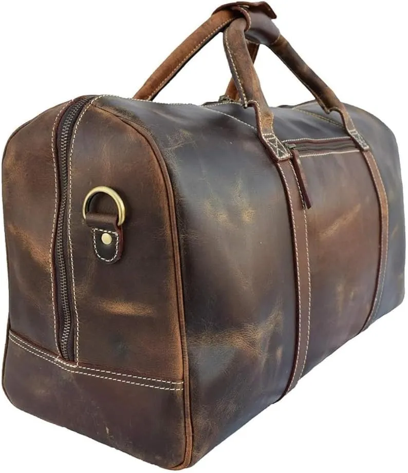 Customizable Leather Duffel Bag for Men – Vintage Travel Bag with Spacious Compartments, Carry-On Approved, Durable Weekender Lagged, Stylish Gym & Overnight Bag for Business and Leisure (BROWN)