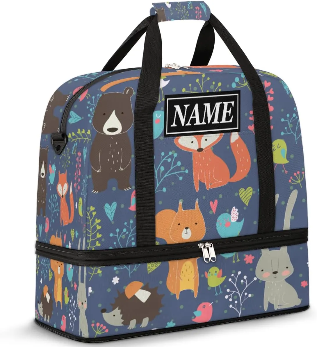 Customize Personalized Travel Duffel Bag Animal Bunny Fox Squirrel Flower Sport Gym Bag for Woman Man,Waterproof Foldable Weekend Overnight Bag for Yoga Workout Training with Shoe Compartment