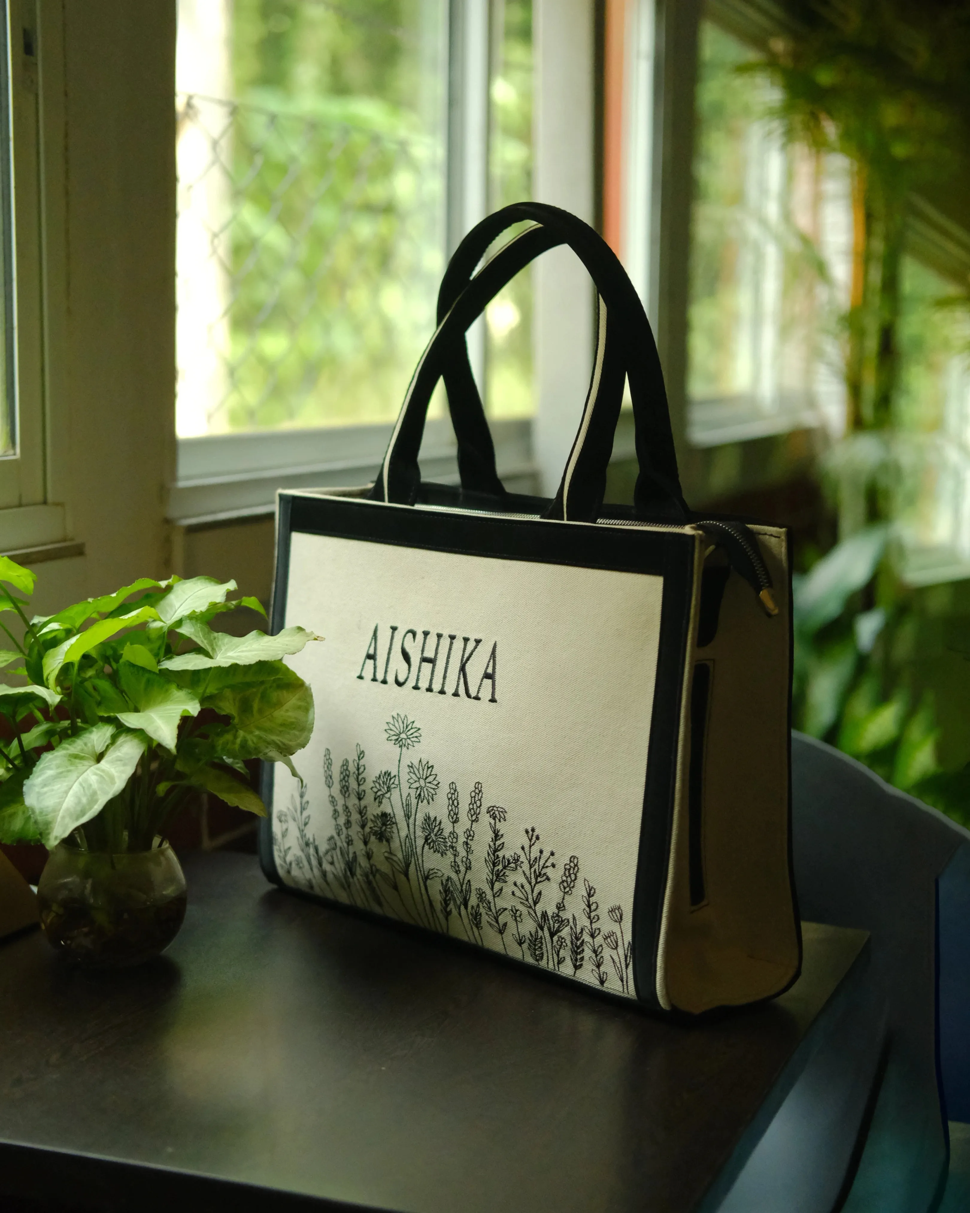 Customized Canvas Denim Embroidered Floral art Designer Tote Bag