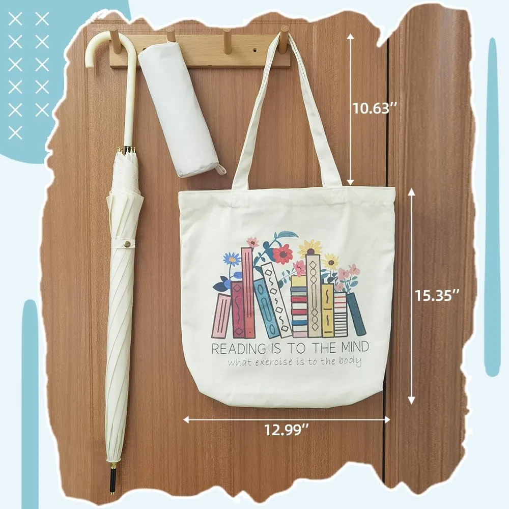 Cute Canvas Tote Bag For Book Lovers, Women Book Tote Bag With Pockets，Book Themed Gifts for Bookworm,Readers