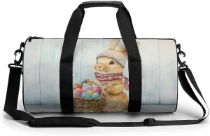 Cute Easter Bunny Holding Easter Basket Travel Gym Bag for Women Men Colorful Easter Eggs Cylindrical Duffle Bag Sport Workout Bag with Shoulder Strap