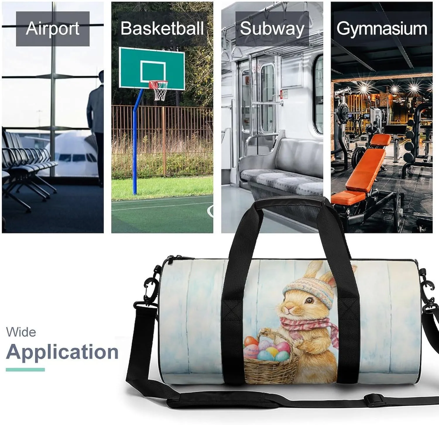 Cute Easter Bunny Holding Easter Basket Travel Gym Bag for Women Men Colorful Easter Eggs Cylindrical Duffle Bag Sport Workout Bag with Shoulder Strap