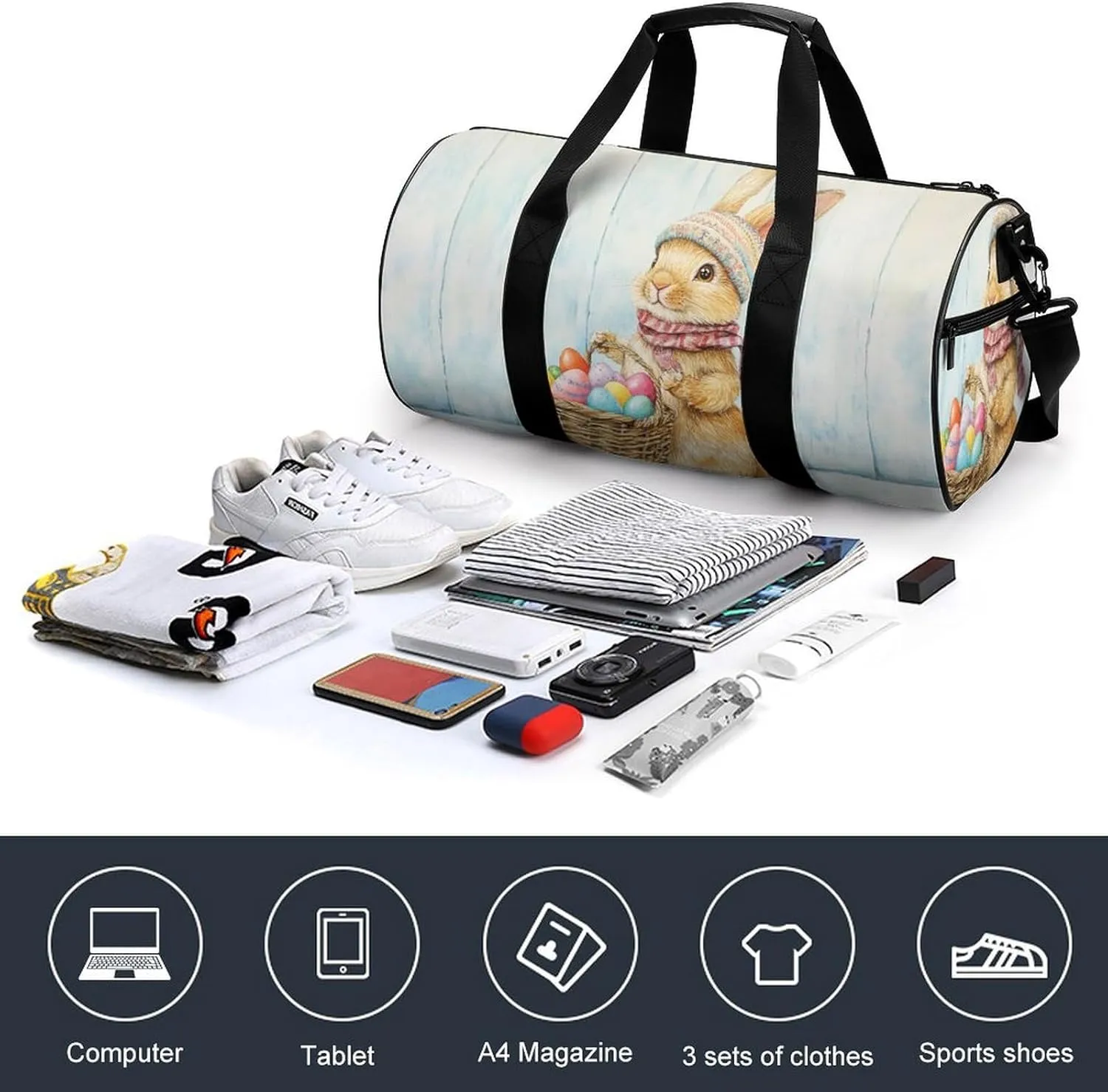 Cute Easter Bunny Holding Easter Basket Travel Gym Bag for Women Men Colorful Easter Eggs Cylindrical Duffle Bag Sport Workout Bag with Shoulder Strap