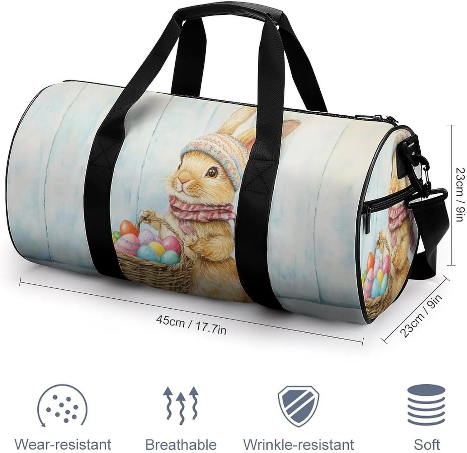 Cute Easter Bunny Holding Easter Basket Travel Gym Bag for Women Men Colorful Easter Eggs Cylindrical Duffle Bag Sport Workout Bag with Shoulder Strap