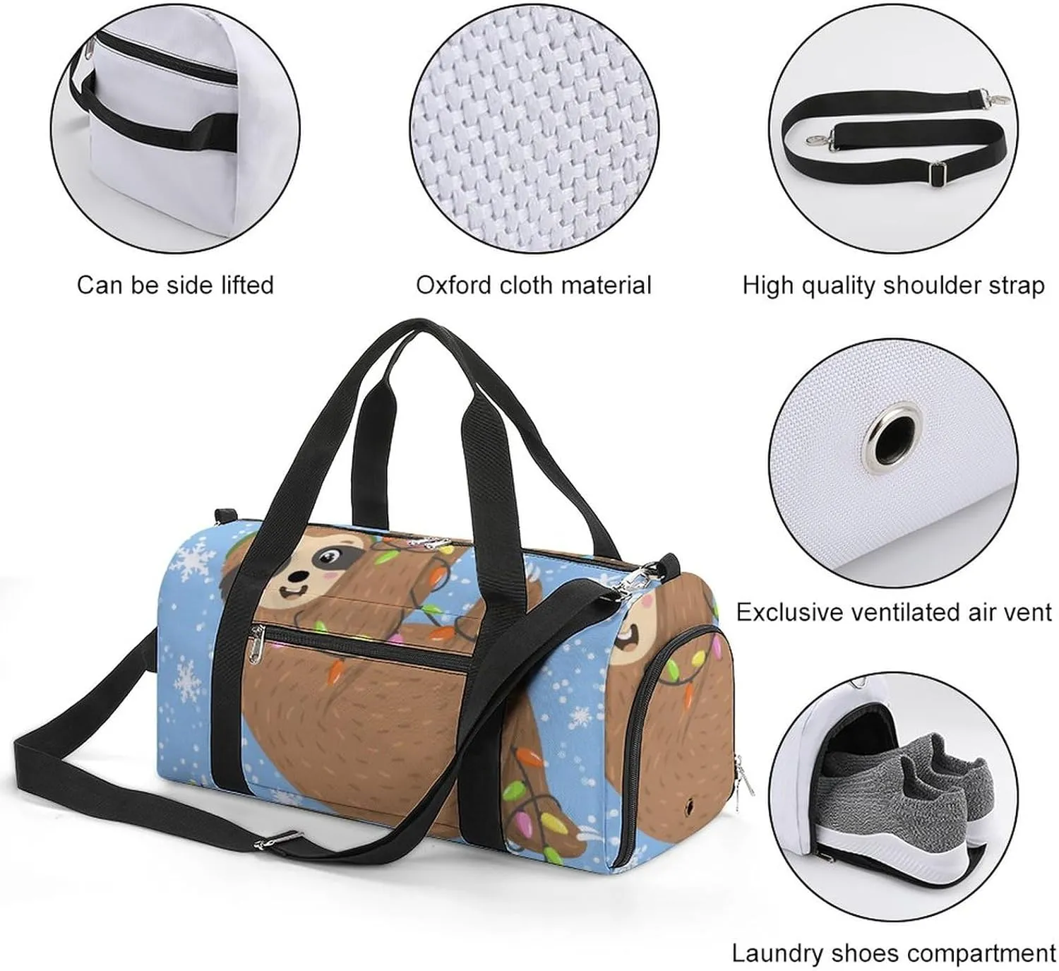 Cute Sloth Hanging on Garland Sports Tote Gym Bag for Women Men, Overnight Bag with Shoe Compartment Water Resistant