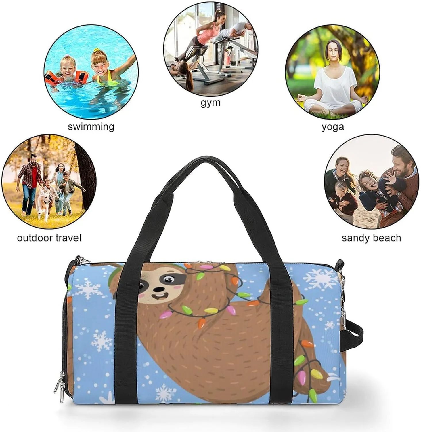 Cute Sloth Hanging on Garland Sports Tote Gym Bag for Women Men, Overnight Bag with Shoe Compartment Water Resistant