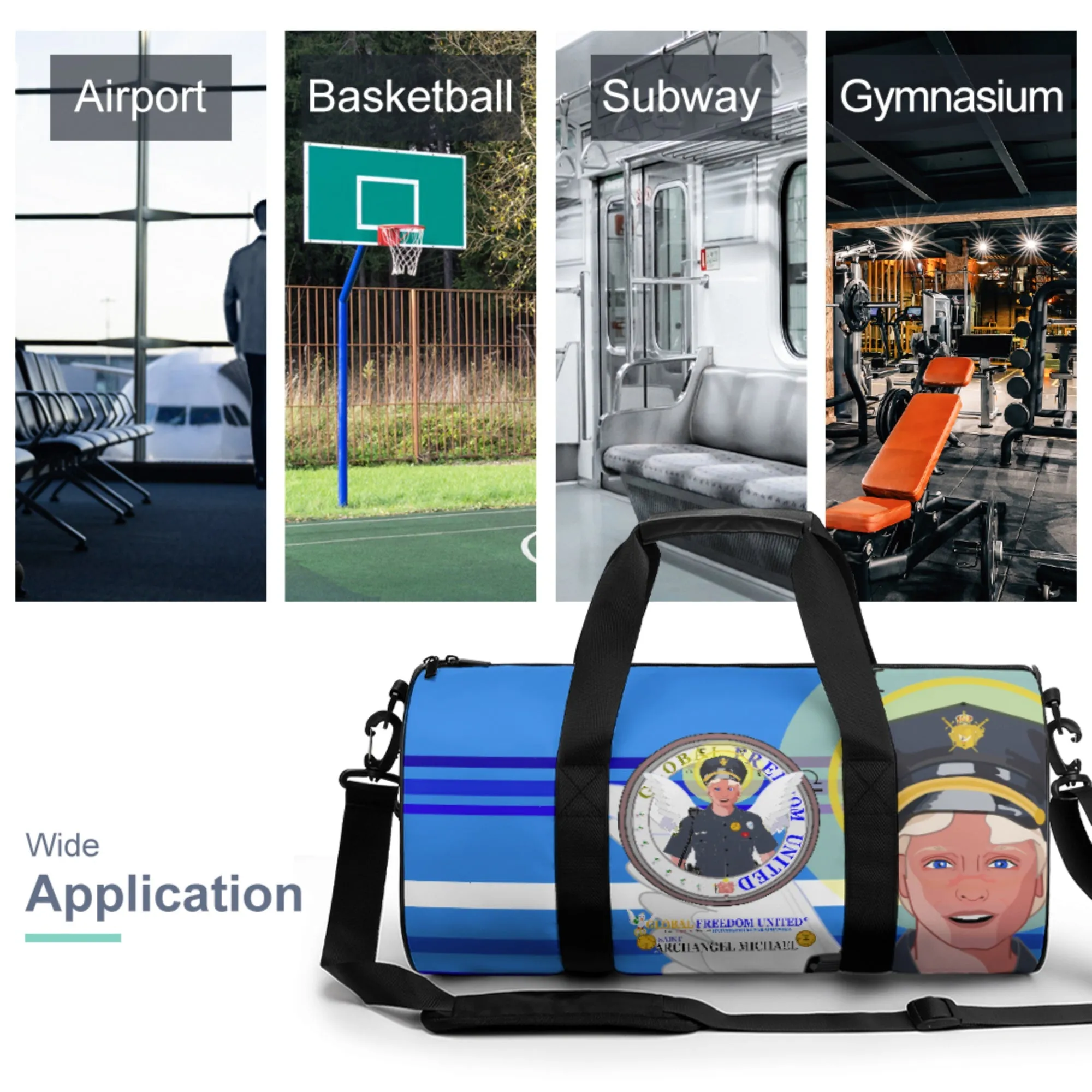 Cylindrical Gym Bag GLOBAL FREEDOM UNITED© Archangel Michael As Policemen Deep Blue