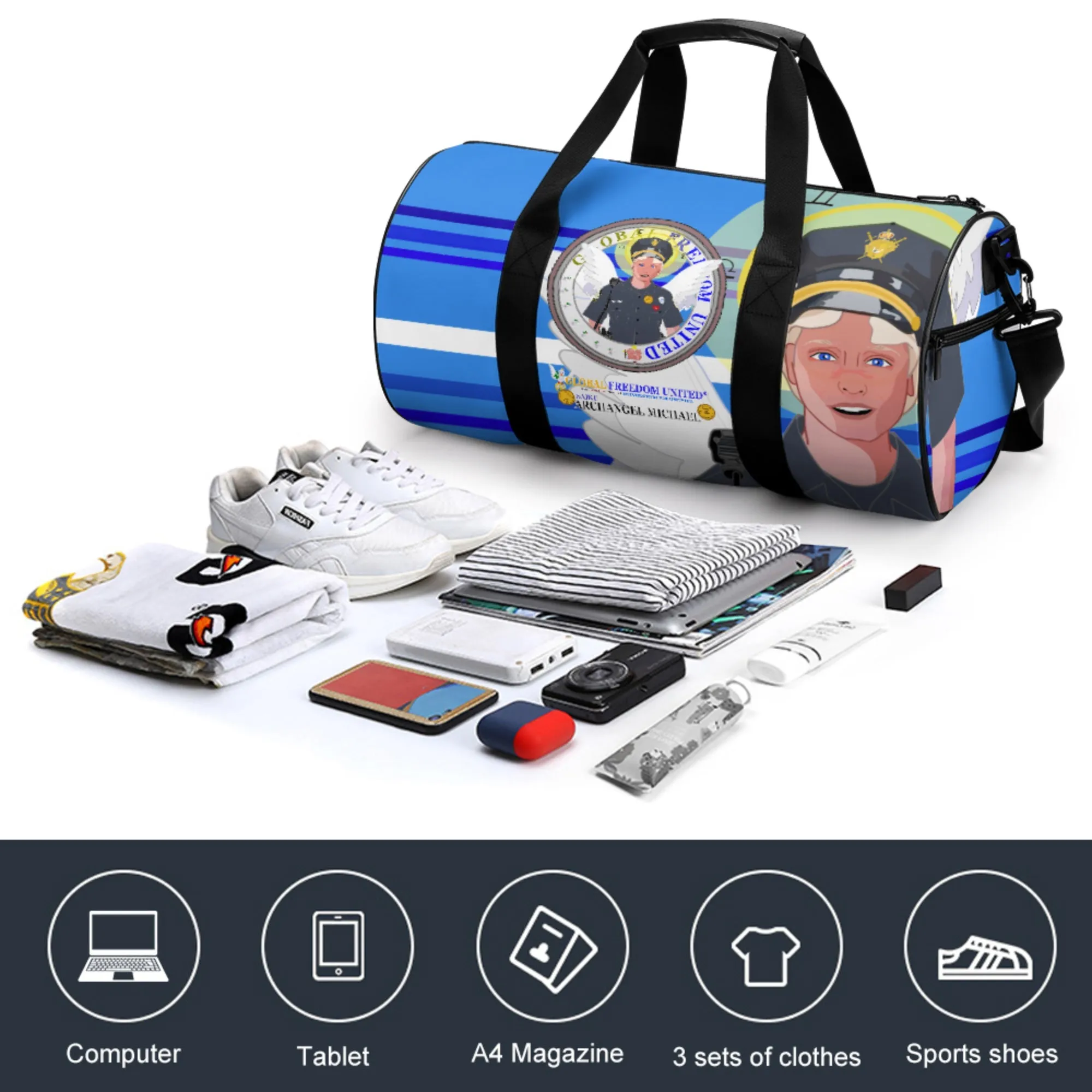 Cylindrical Gym Bag GLOBAL FREEDOM UNITED© Archangel Michael As Policemen Deep Blue