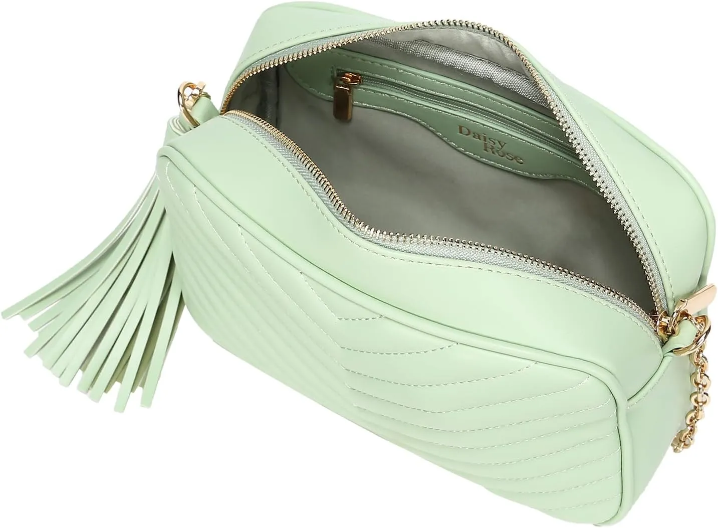 Daisy Rose Quilted Shoulder Cross Body Bag & Detachable Tassel, PU Vegan Leather