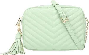 Daisy Rose Quilted Shoulder Cross Body Bag & Detachable Tassel, PU Vegan Leather
