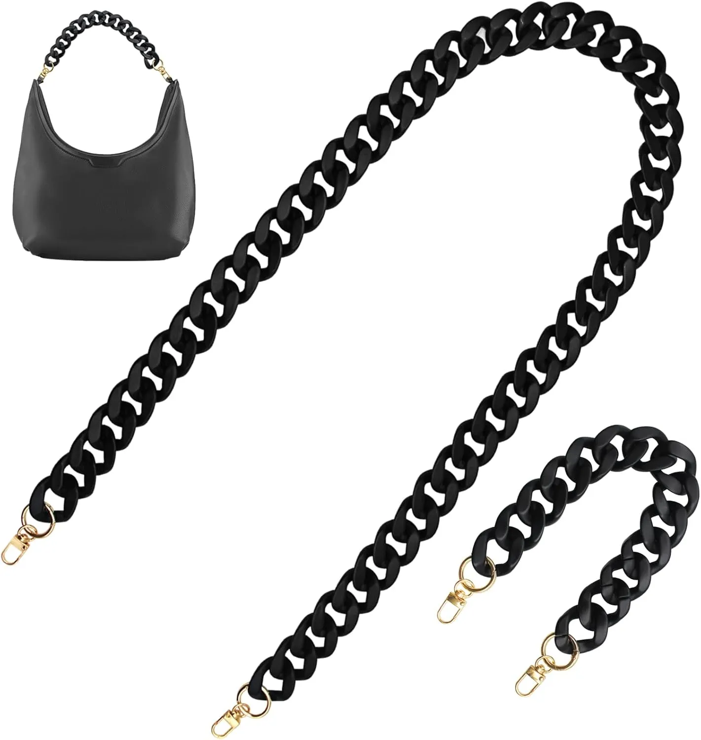 DaKuan 2 PCS Black Acrylic Flat Chain Strap for Handbag Replacement, DIY Bag Strap for Crossbody Clutch Craft (40cm & 120cm)