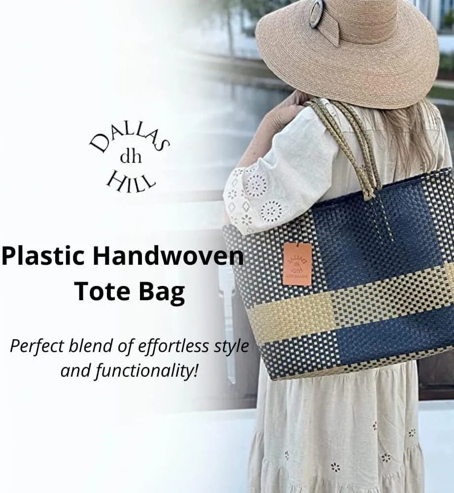 Dallas Hill Designs Handwoven Super Tote Bag for Women | Recycled Plastic Shoulder Purse | Summer Beach, Pool, and Travel Handbag (Navy & White)
