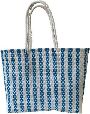 Dallas Hill Designs Handwoven Super Tote Bag for Women | Recycled Plastic Shoulder Purse | Summer Beach, Pool, and Travel Handbag (Navy & White)