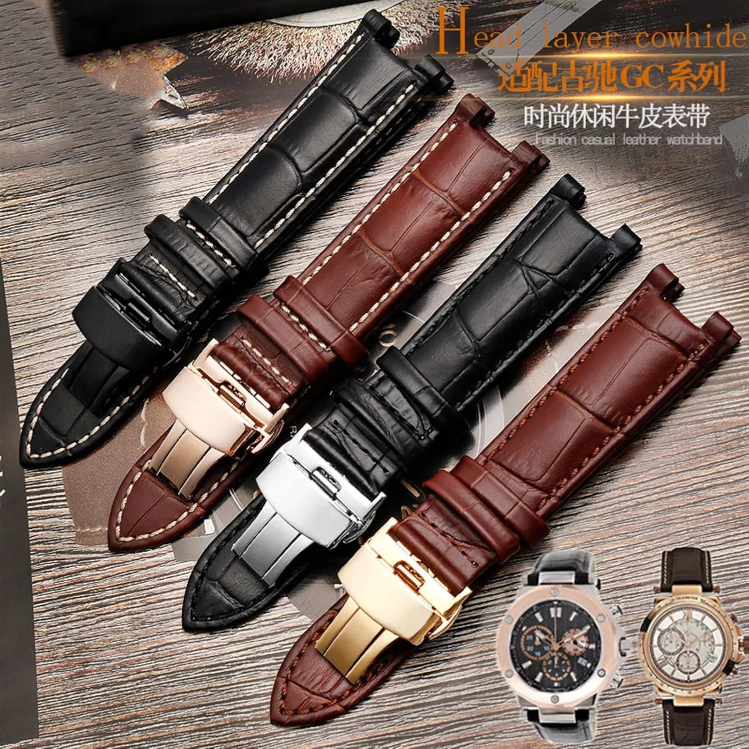 DASEB Genuine Leather Watchband For GC 22 * 13mm 20 * 11mm Notched Strap Withstainless Steel Butterfly Buckle Men And Women Watch Belt