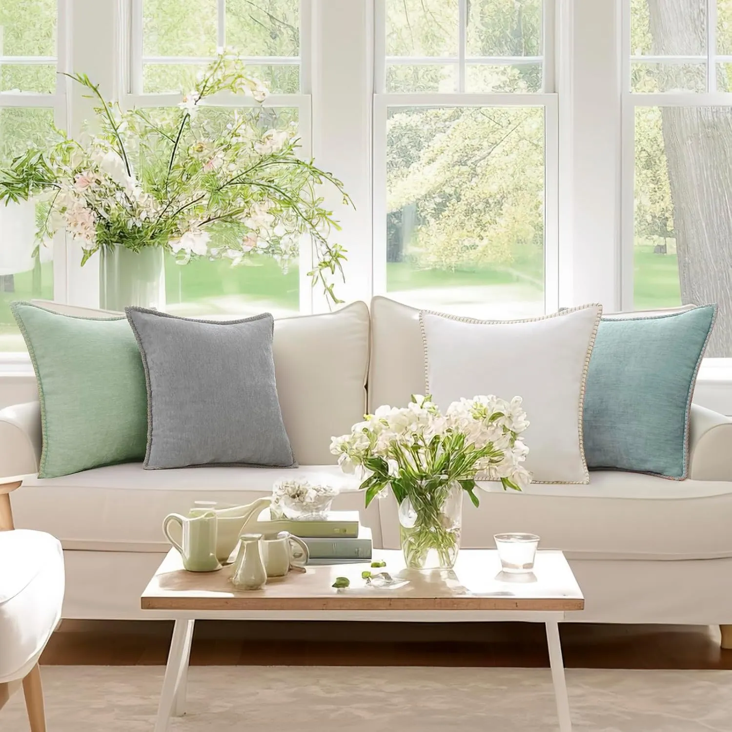 decorUhome Chenille Soft Throw Pillow Covers 12x20 Set of 2, Lumbar Velvet Farmhouse Neutral Decorative Pillow Covers with Stitched Edge for Couch Sofa Bed Home Decor, Aqua Haze