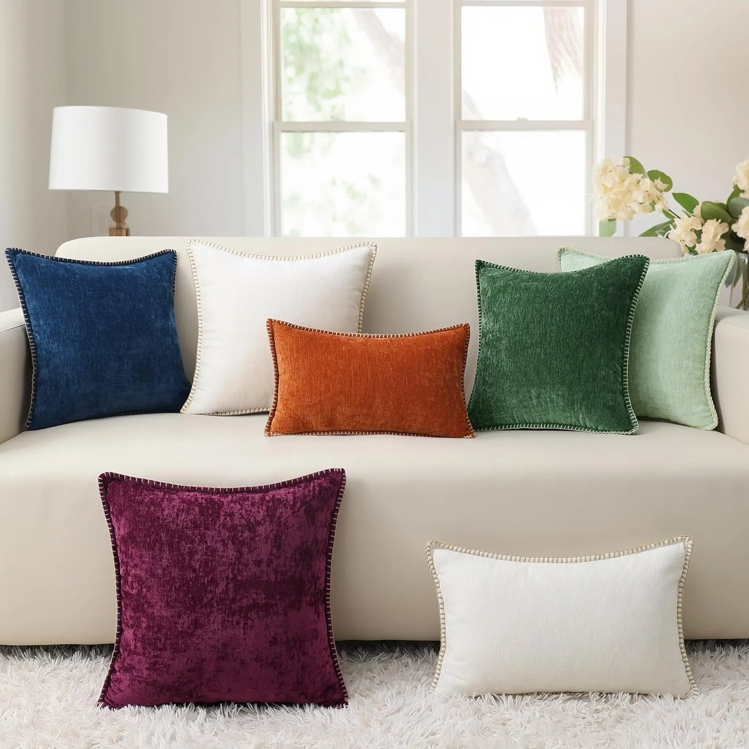 decorUhome Chenille Soft Throw Pillow Covers 12x20 Set of 2, Lumbar Velvet Farmhouse Neutral Decorative Pillow Covers with Stitched Edge for Couch Sofa Bed Home Decor, Aqua Haze