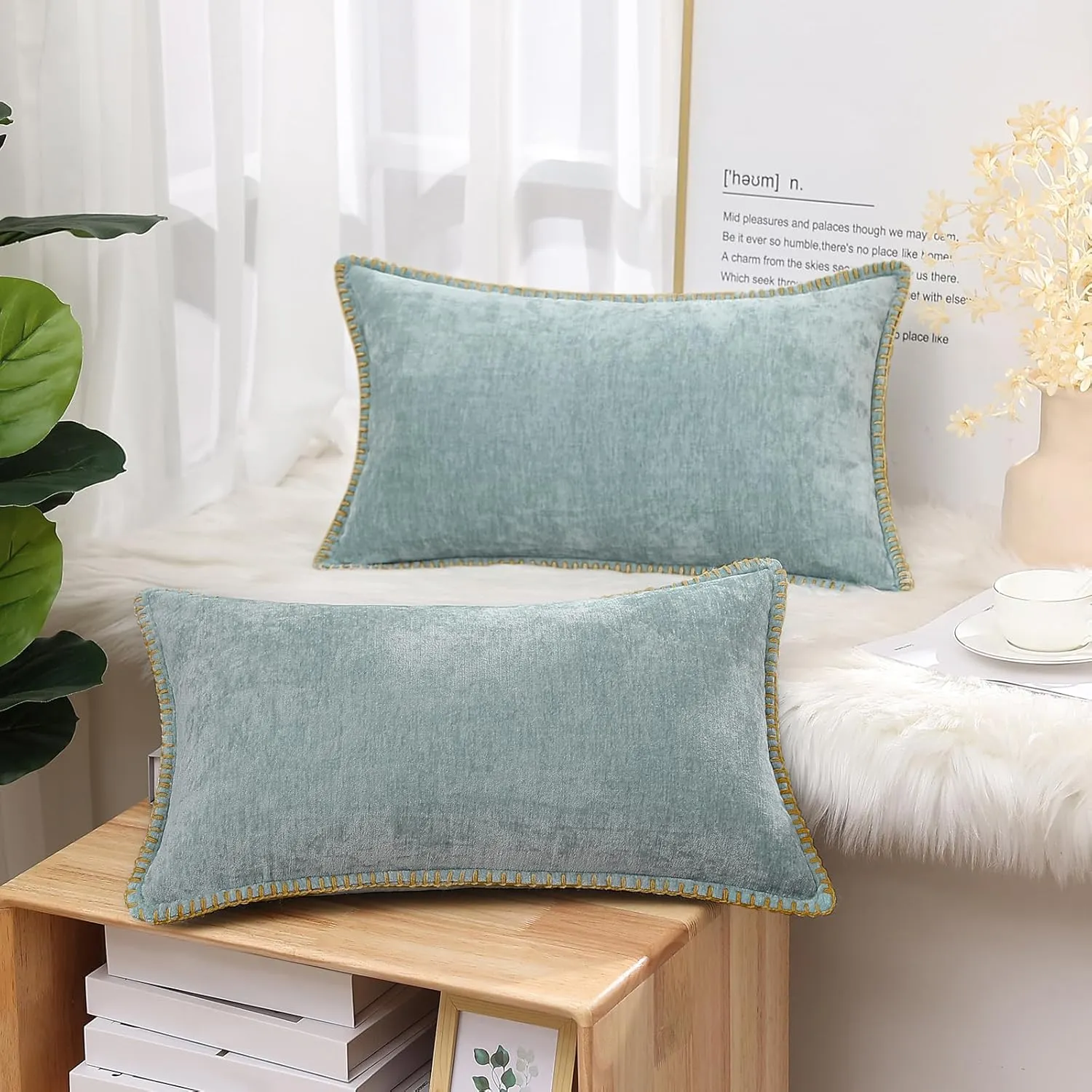 decorUhome Chenille Soft Throw Pillow Covers 12x20 Set of 2, Lumbar Velvet Farmhouse Neutral Decorative Pillow Covers with Stitched Edge for Couch Sofa Bed Home Decor, Aqua Haze