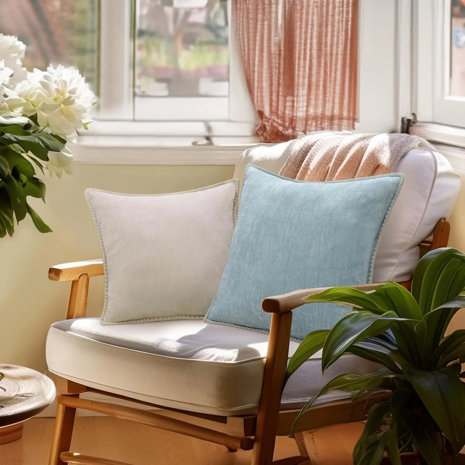 decorUhome Chenille Soft Throw Pillow Covers 12x20 Set of 2, Lumbar Velvet Farmhouse Neutral Decorative Pillow Covers with Stitched Edge for Couch Sofa Bed Home Decor, Aqua Haze