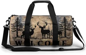 Deer And Pine Tree Silhouette WELCOME Travel Gym Bag for Women Men Cylindrical Duffle Bag Sport Workout Bag with Shoulder Strap