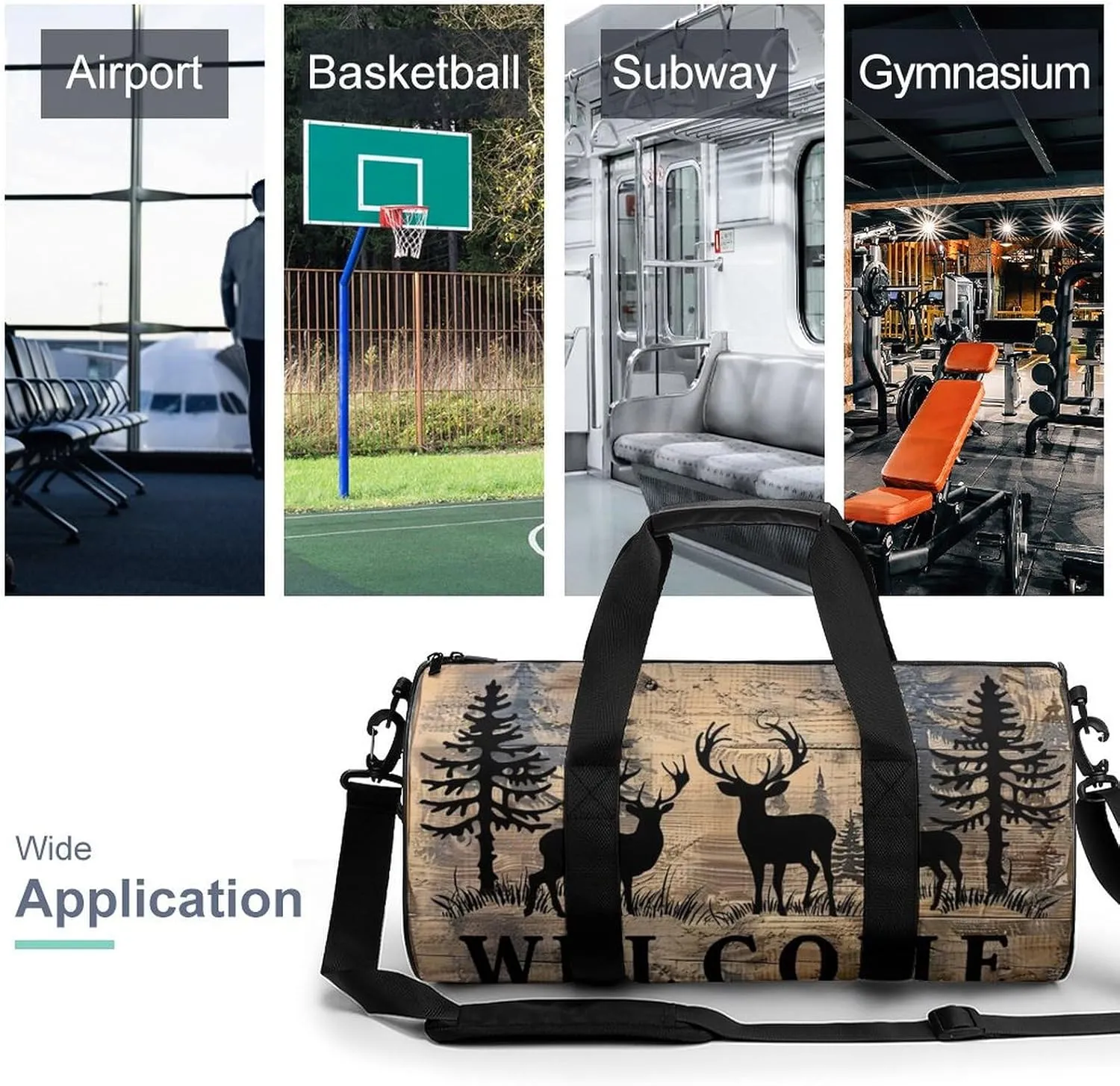 Deer And Pine Tree Silhouette WELCOME Travel Gym Bag for Women Men Cylindrical Duffle Bag Sport Workout Bag with Shoulder Strap