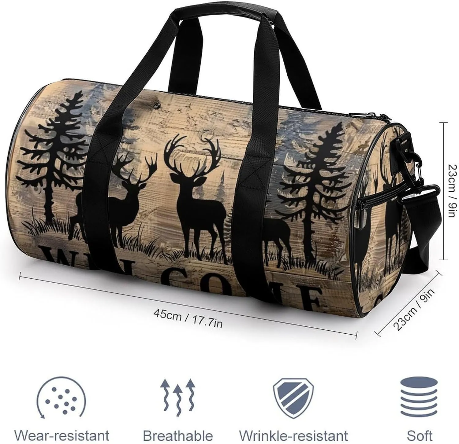 Deer And Pine Tree Silhouette WELCOME Travel Gym Bag for Women Men Cylindrical Duffle Bag Sport Workout Bag with Shoulder Strap