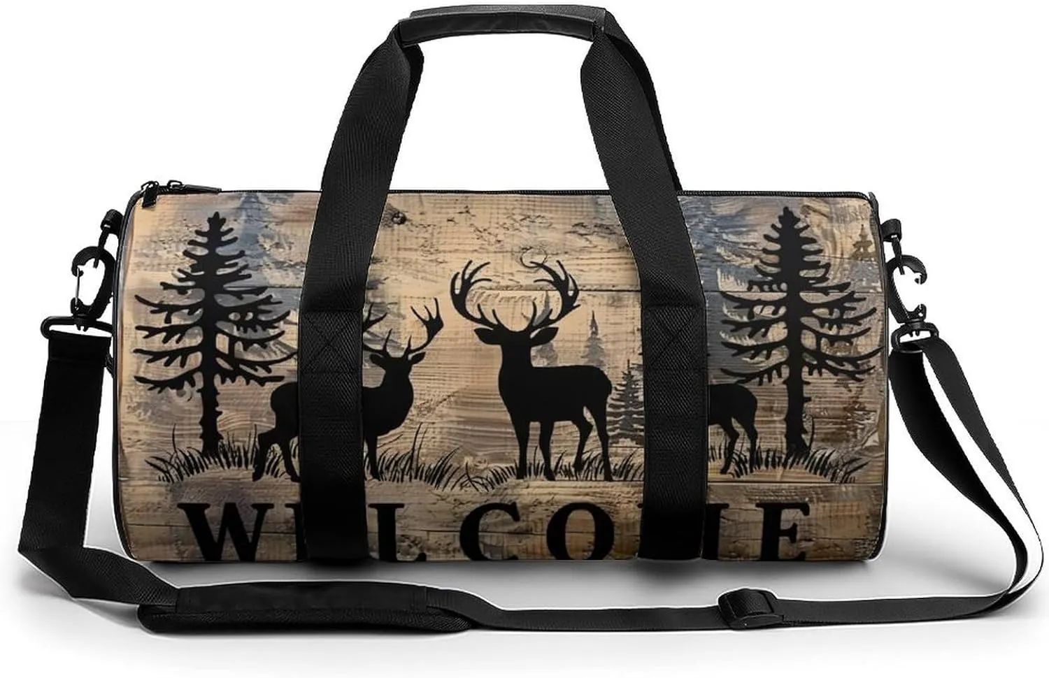 Deer And Pine Tree Silhouette WELCOME Travel Gym Bag for Women Men Cylindrical Duffle Bag Sport Workout Bag with Shoulder Strap
