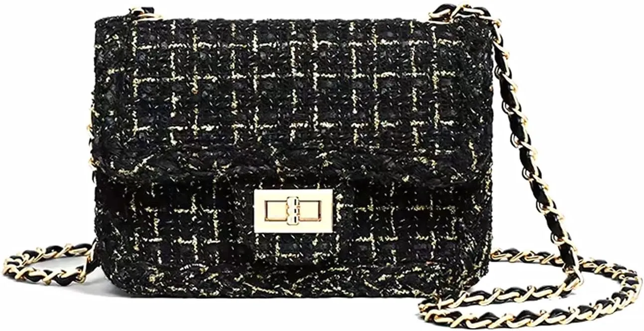 Designer Shoulder Bag for Women Trendy Mini Clutch Evening Bags Quilted Chain Cross body Bag, Tweed Purses for Women
