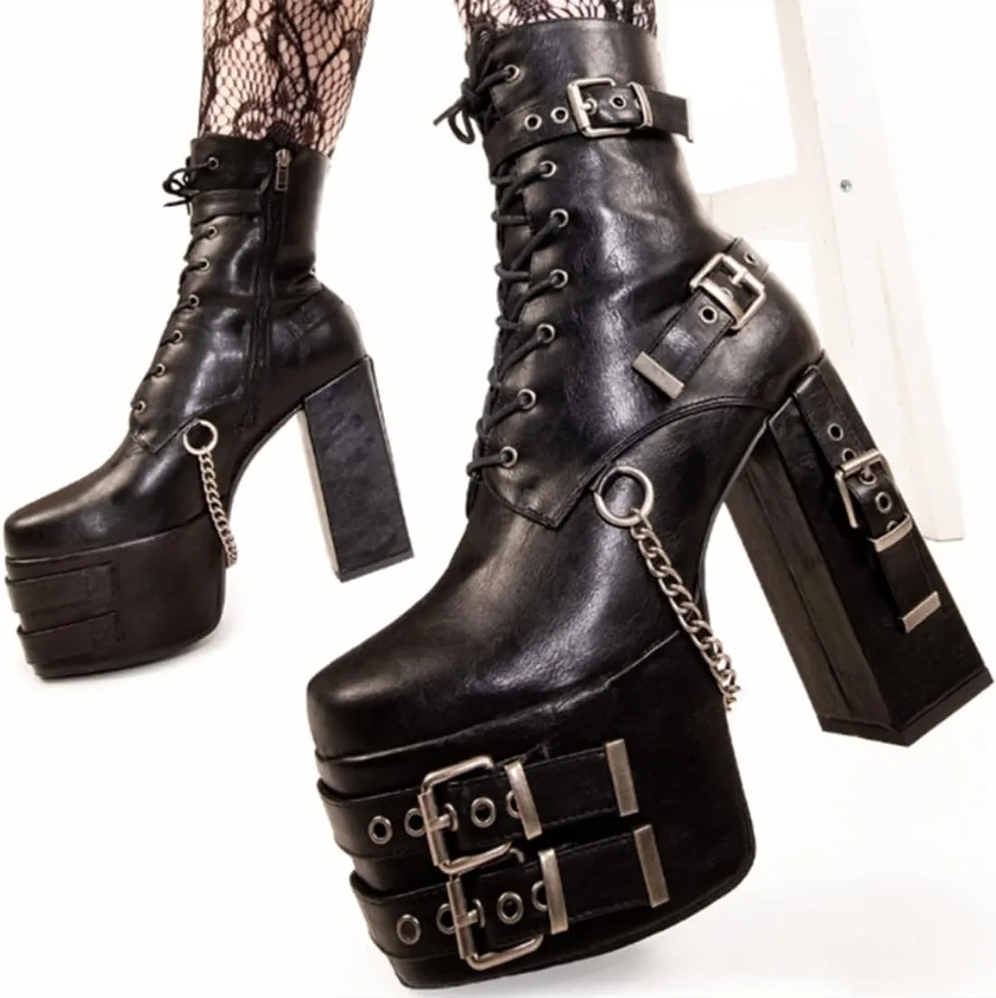 DETOGNI Women's Gothic Silver Eyelets Buckles Straps Block High Heel Lace Up Booties Punk Hanging Chain Zipper Sexy Chunky Platform Ankle Boots