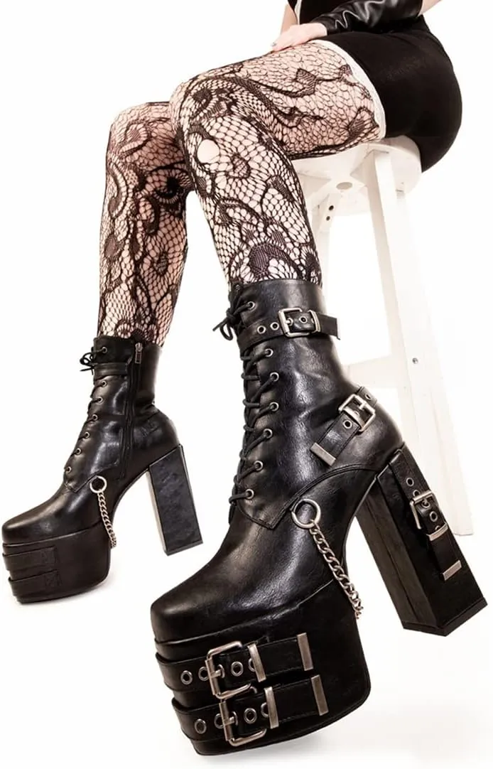 DETOGNI Women's Gothic Silver Eyelets Buckles Straps Block High Heel Lace Up Booties Punk Hanging Chain Zipper Sexy Chunky Platform Ankle Boots