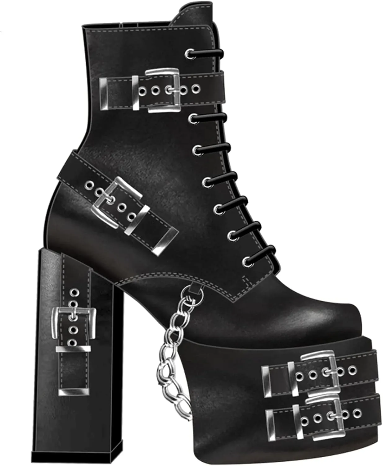 DETOGNI Women's Gothic Silver Eyelets Buckles Straps Block High Heel Lace Up Booties Punk Hanging Chain Zipper Sexy Chunky Platform Ankle Boots
