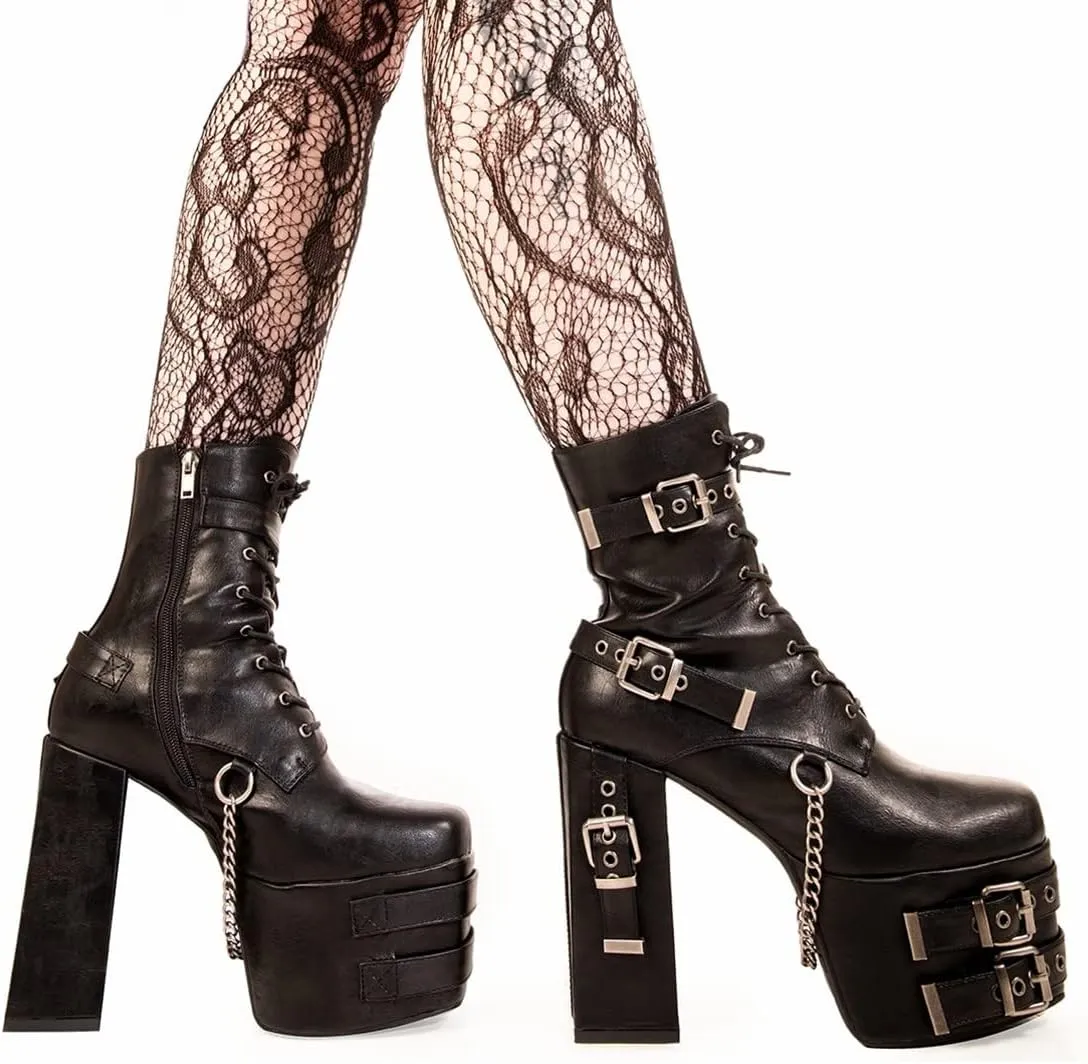 DETOGNI Women's Gothic Silver Eyelets Buckles Straps Block High Heel Lace Up Booties Punk Hanging Chain Zipper Sexy Chunky Platform Ankle Boots