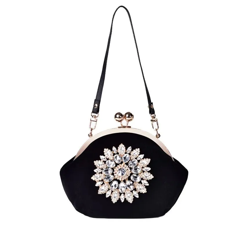 Diamond Flower Velvet Clutch Purse